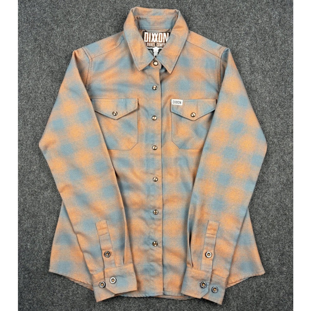 Dixxon Flannel Co Abilene Mens Small Blue Orange Plaid D-Tech Snap Front Shirt